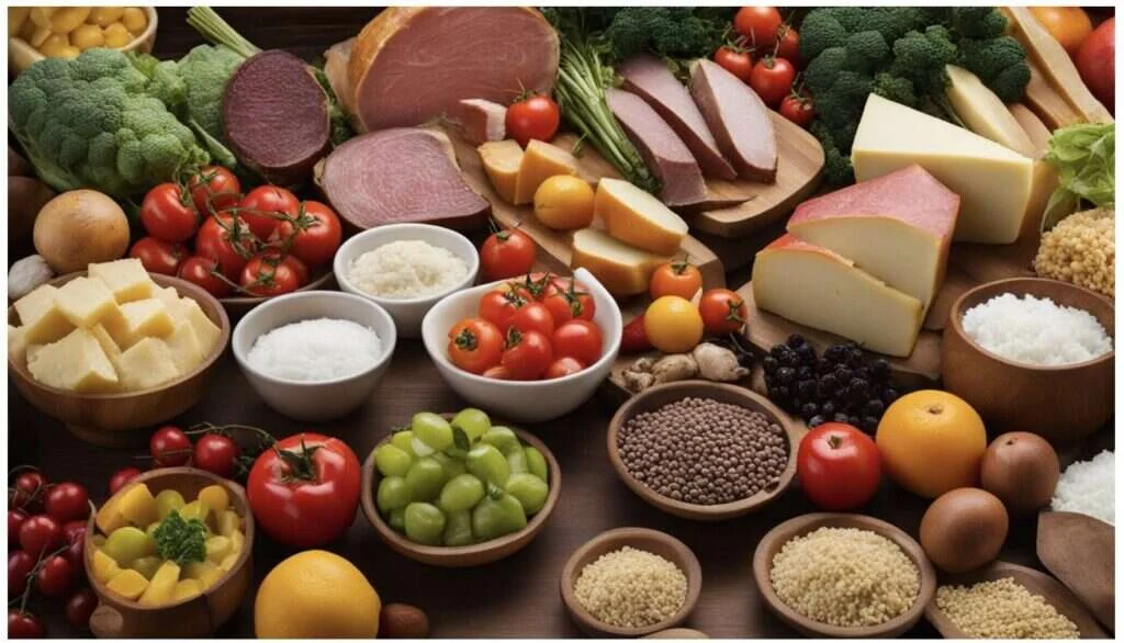 Surtido de alimentos frescos: carne, queso, fruta, verdura y legumbres