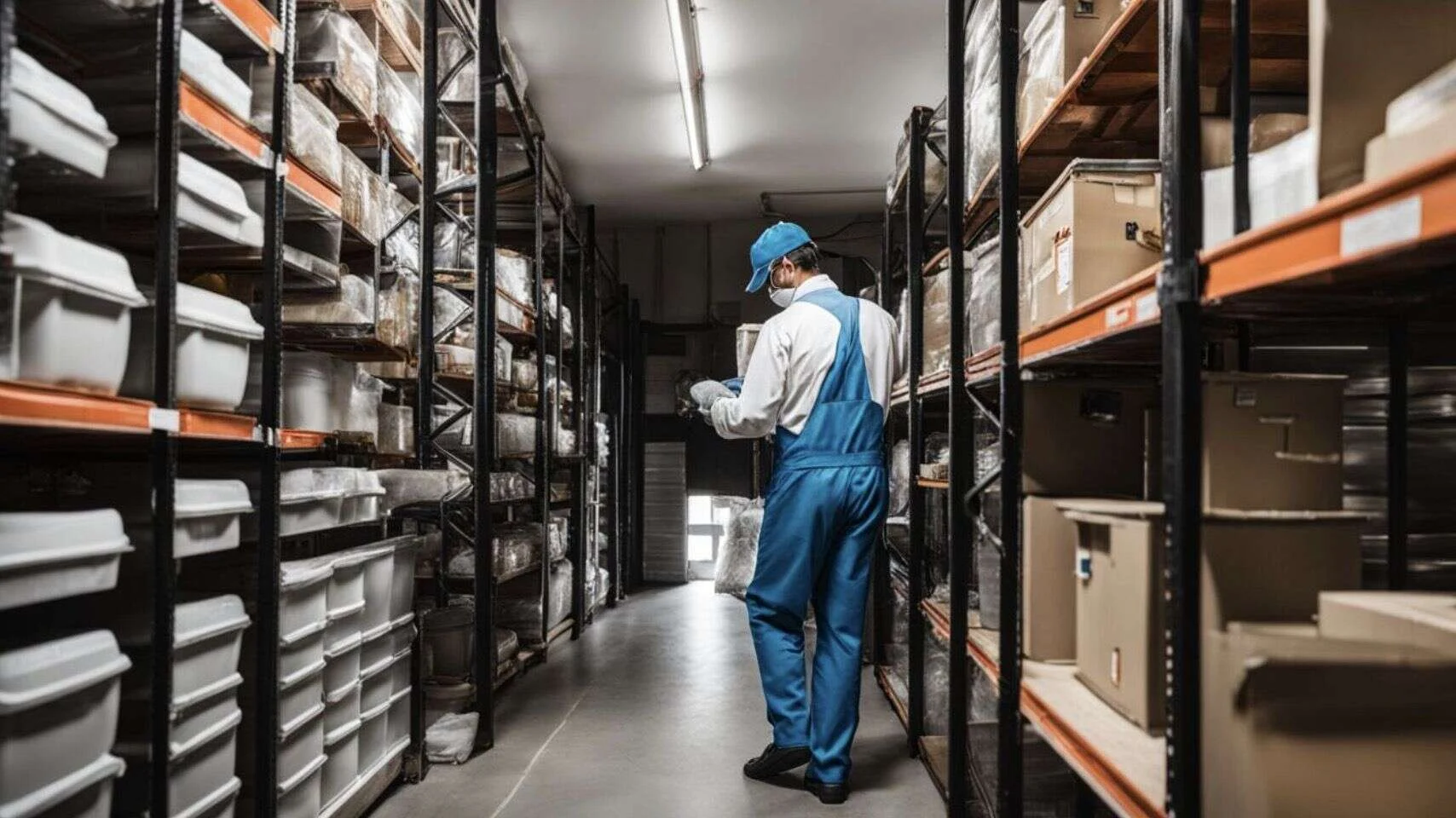 Técnico revisando las estanterías de un almacén