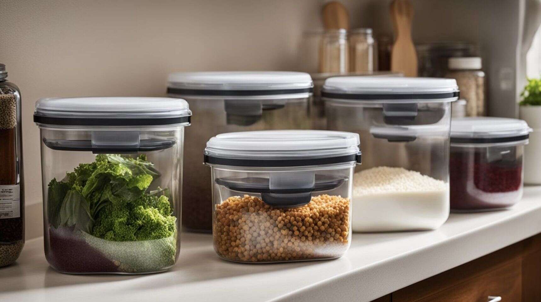 Botes herméticos con alimentos en una despensa