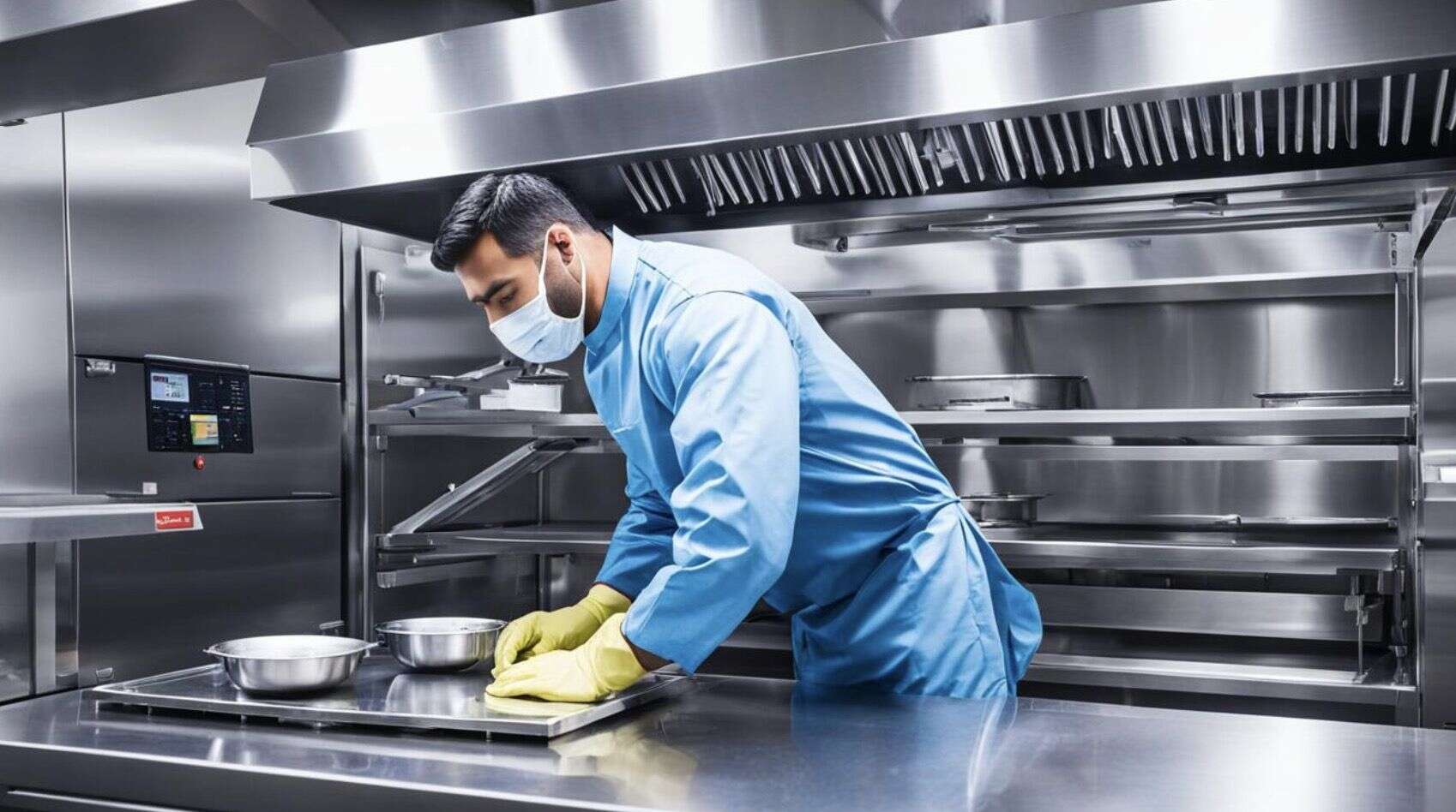 Técnico con mascarilla desinfectando la cocina de un restaurante