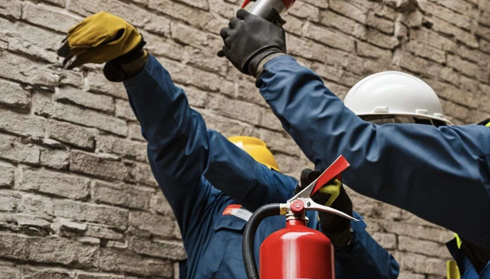Técnico con casco manipulando un extintor