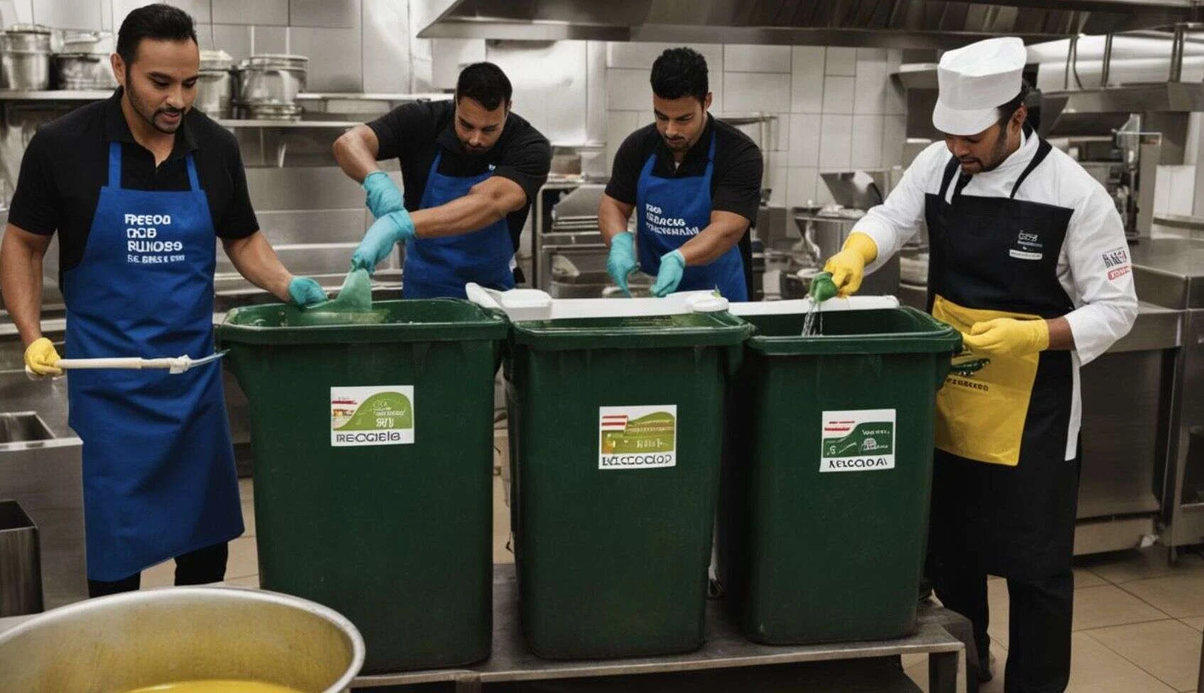 Personal de cocina con guantes y delantal separando residuos en cubos de una cocina profesional
