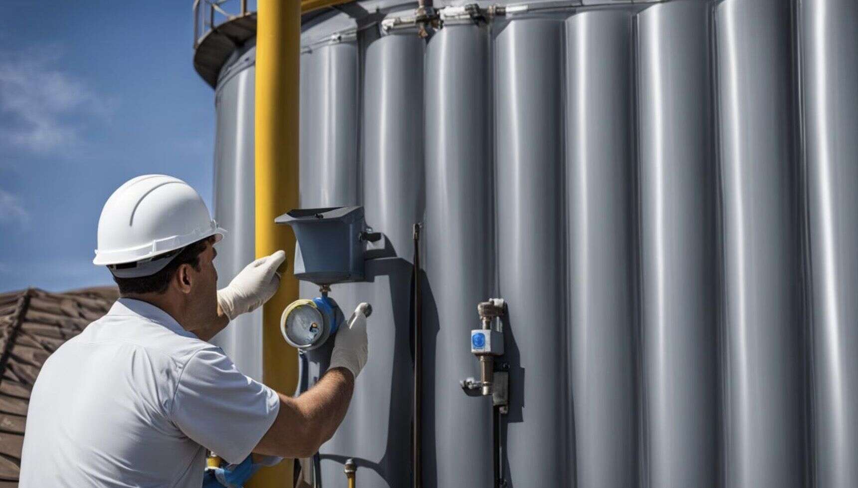 Técnico con casco revisando los manómetros de los depósitos de agua de un edificio