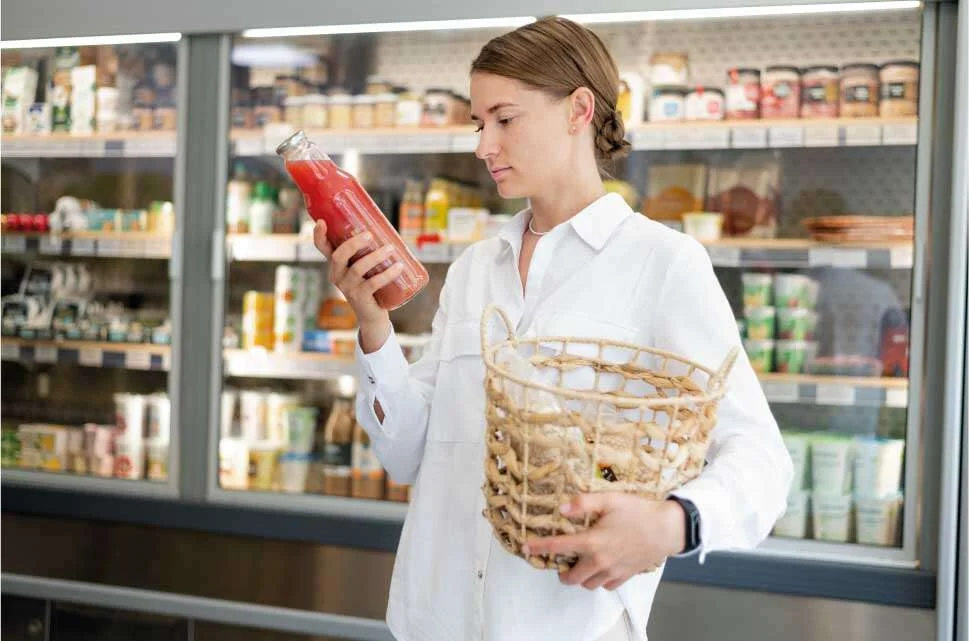 Mujer leyendo la etiqueta de una botella en el lineal de un supermercado