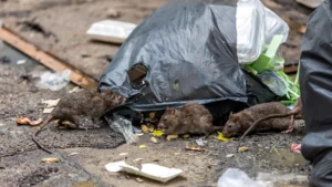 Ratas entre bolsas de basura en la calle