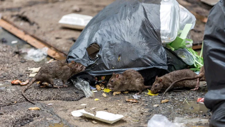 Ratas entre bolsas de basura en la calle