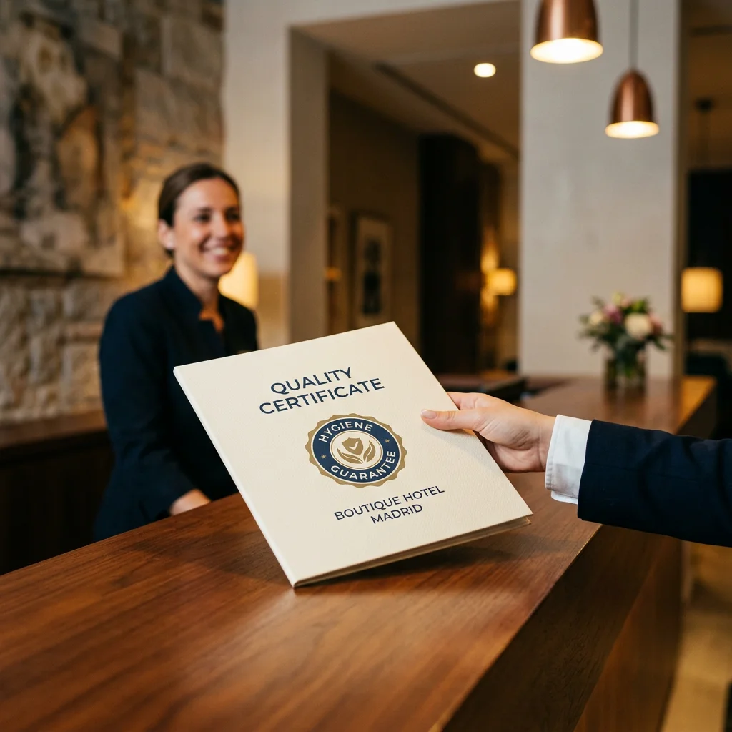 Entrega del certificado de higiene en la recepción de un hotel