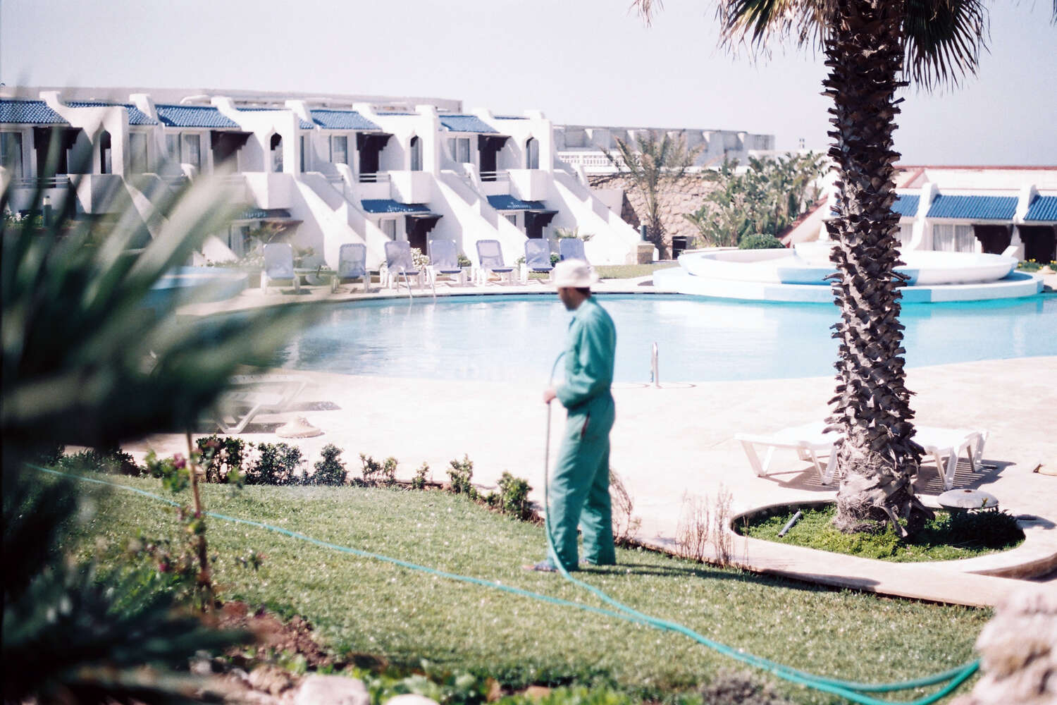 Jardinero regando el cesped junto a la piscina y las palmeras de un hotel