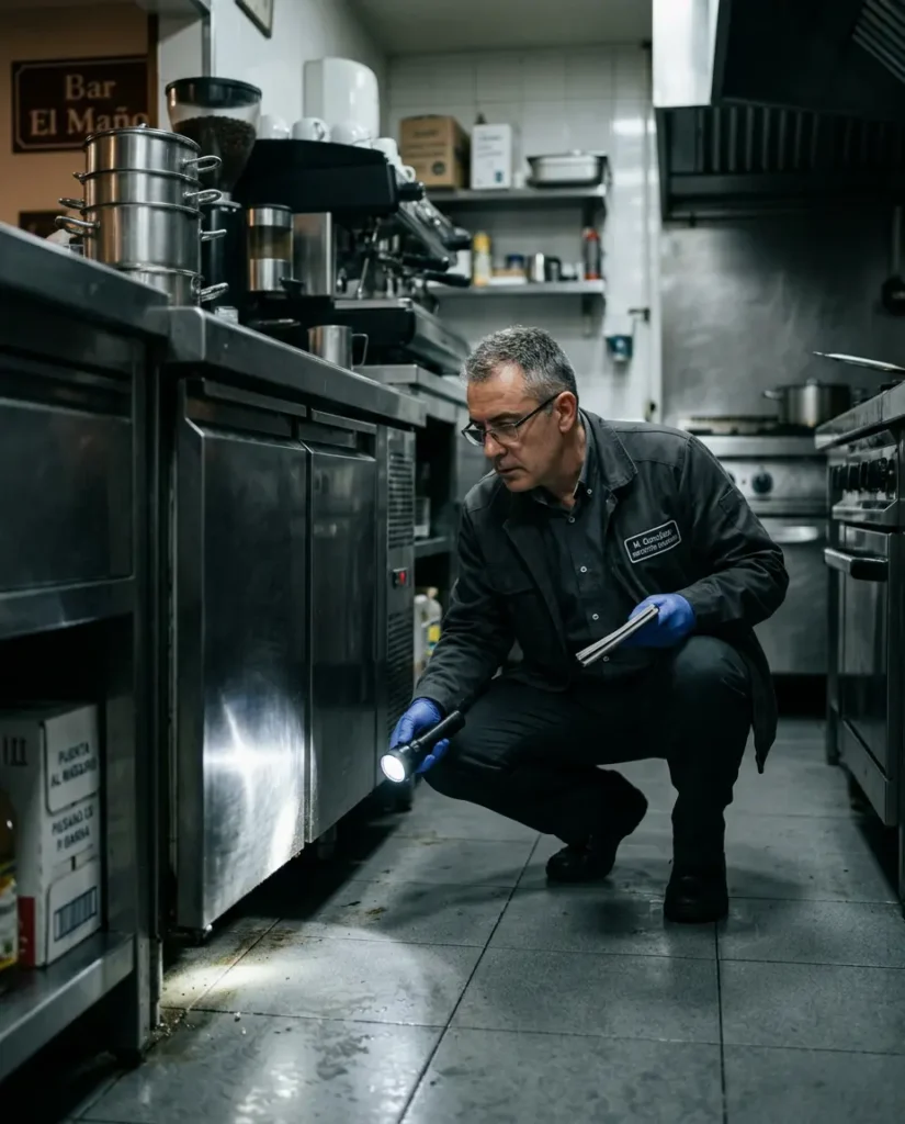 Técnico revisando con linterna bajo los equipos de la cocina de un bar