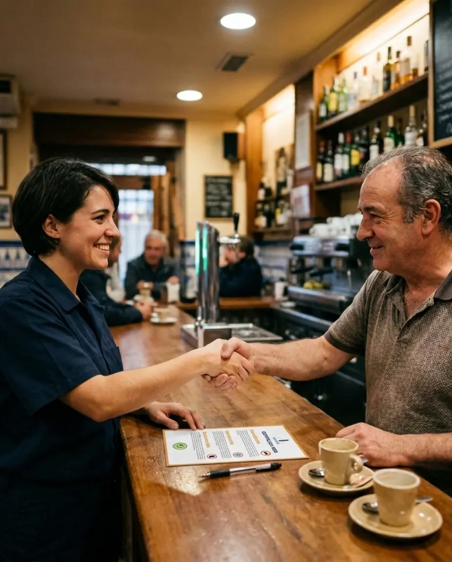 Técnica de Abansol entregando el certificado al dueño de un bar