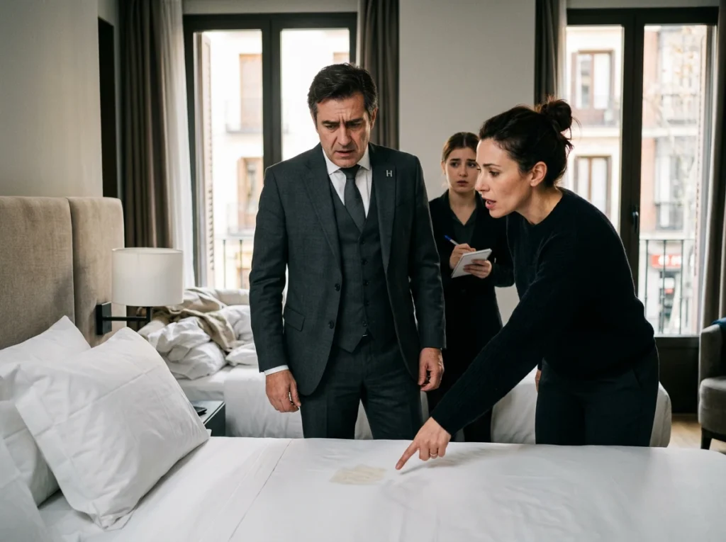 Dirección y gobernanta revisando una habitación de hotel