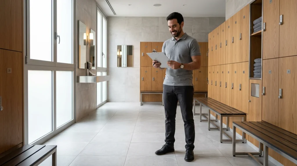 Vestuario de gimnasio con personal revisando la instalación