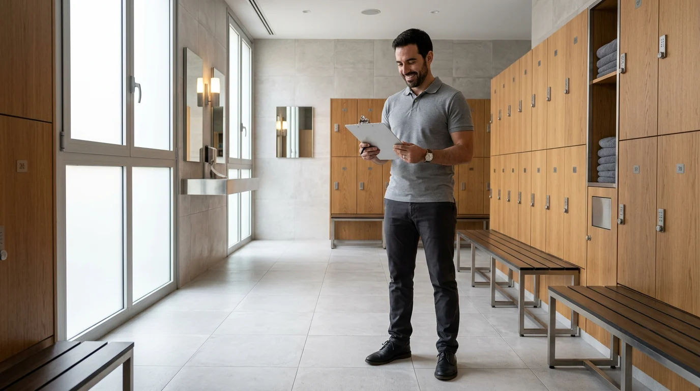 Gerente de un gimnasio revisando los vestuarios antes de abrir
