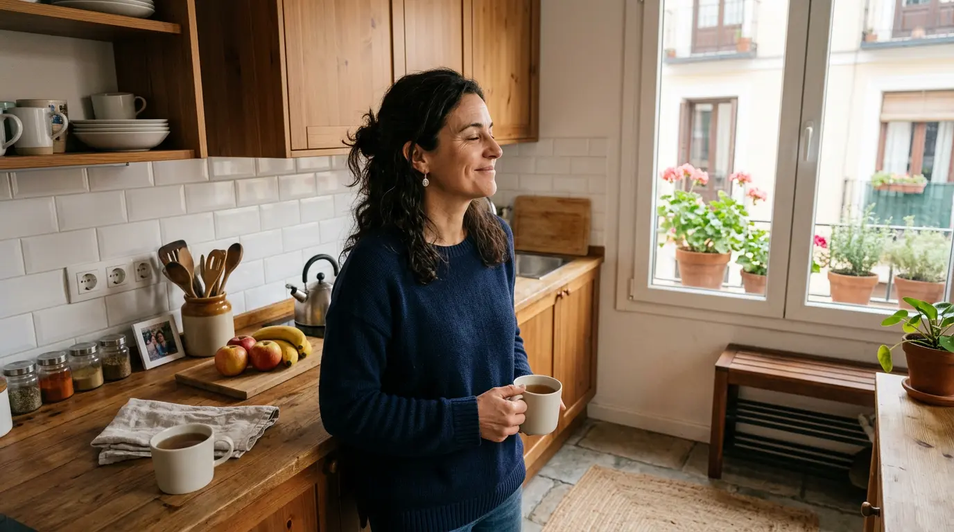 Mujer tranquila en la cocina de su vivienda