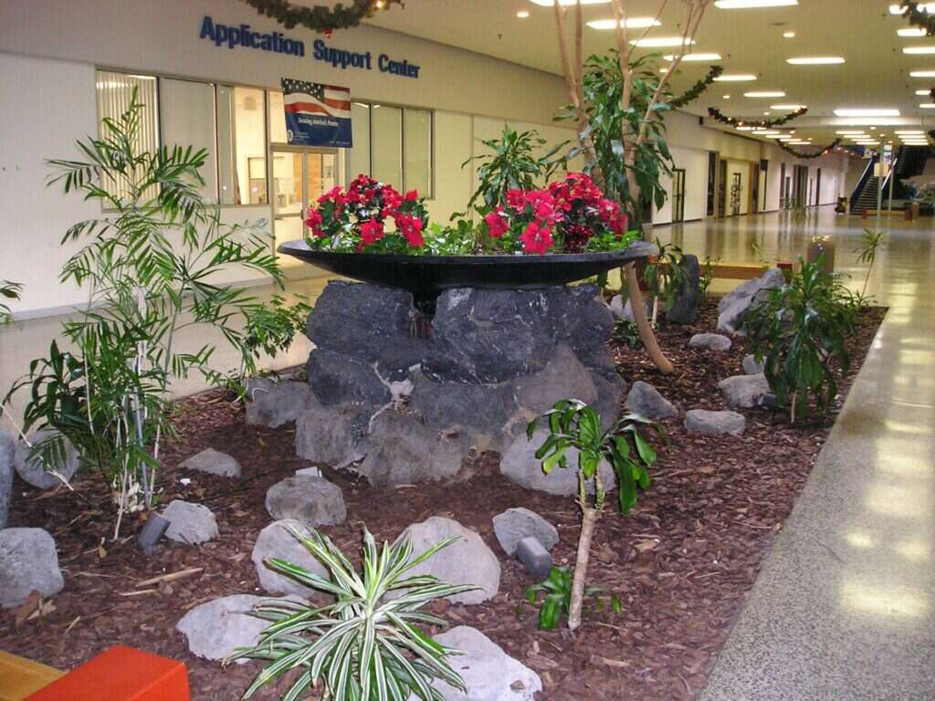 Fuente ornamental con plantas en el pasillo de un centro comercial y de oficinas