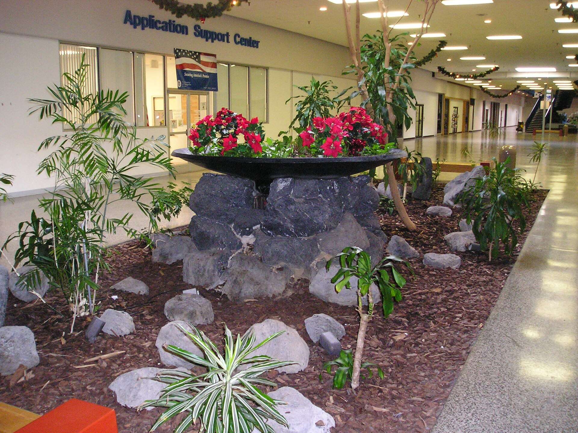 Fuente ornamental con plantas en el pasillo de un centro comercial