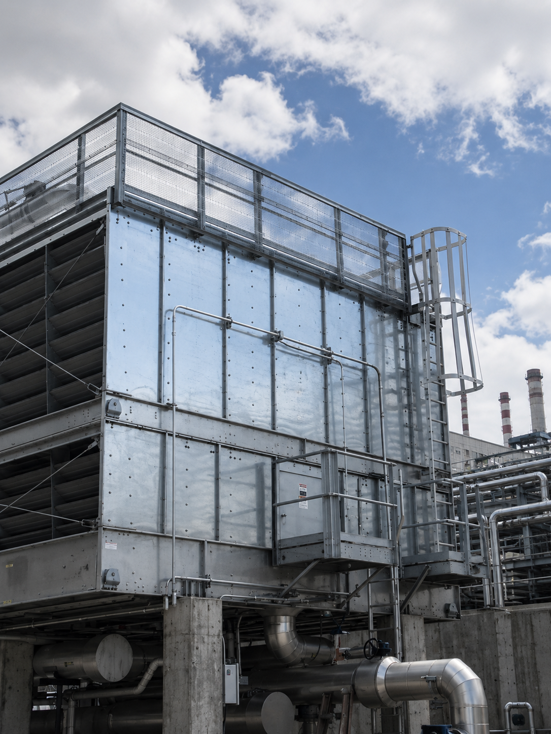 Torre de refrigeración metálica en la cubierta de una instalación industrial
