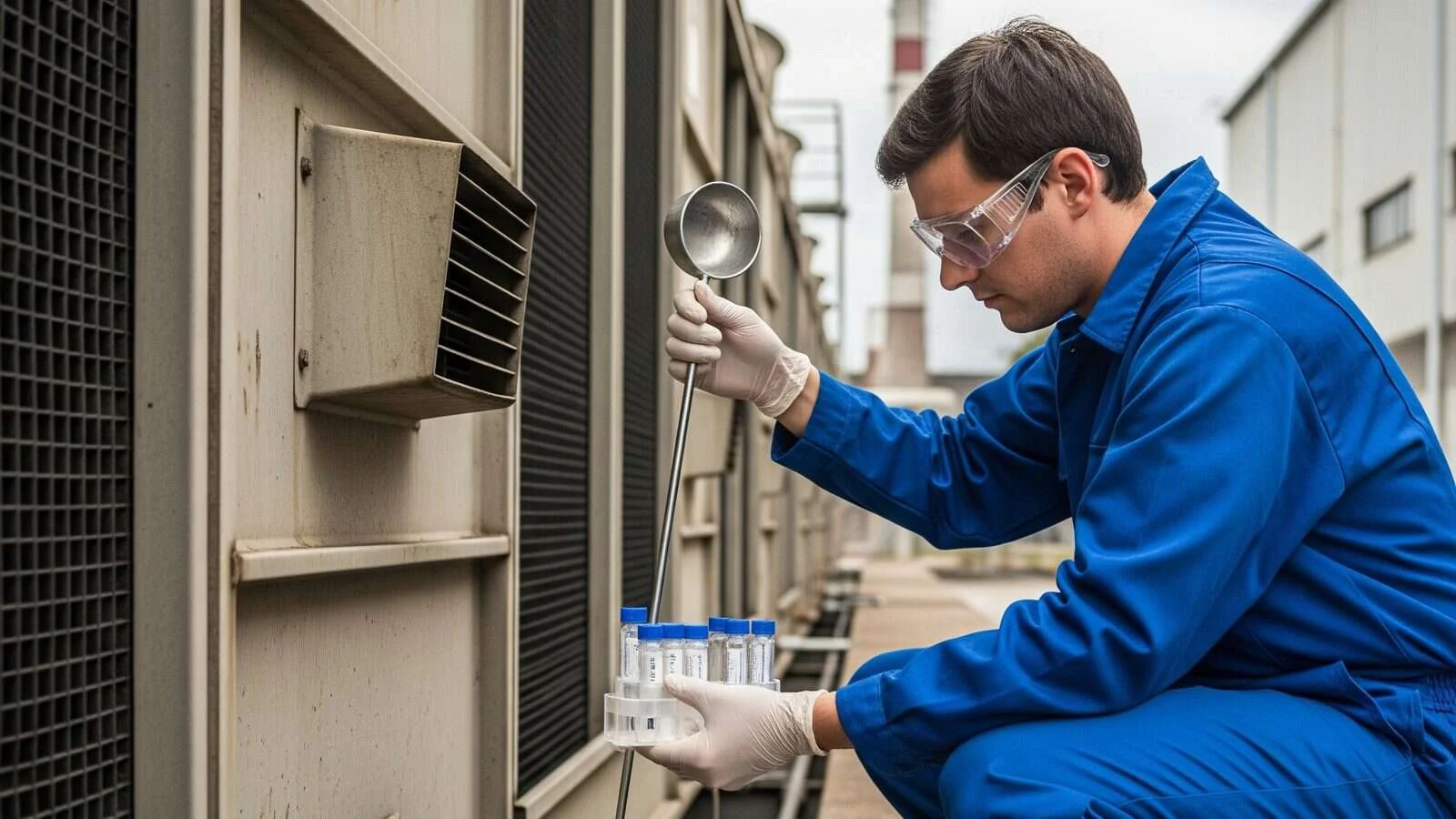 Técnico aplicador de Abansol tomando muestras de agua para el control de Legionella en Madrid